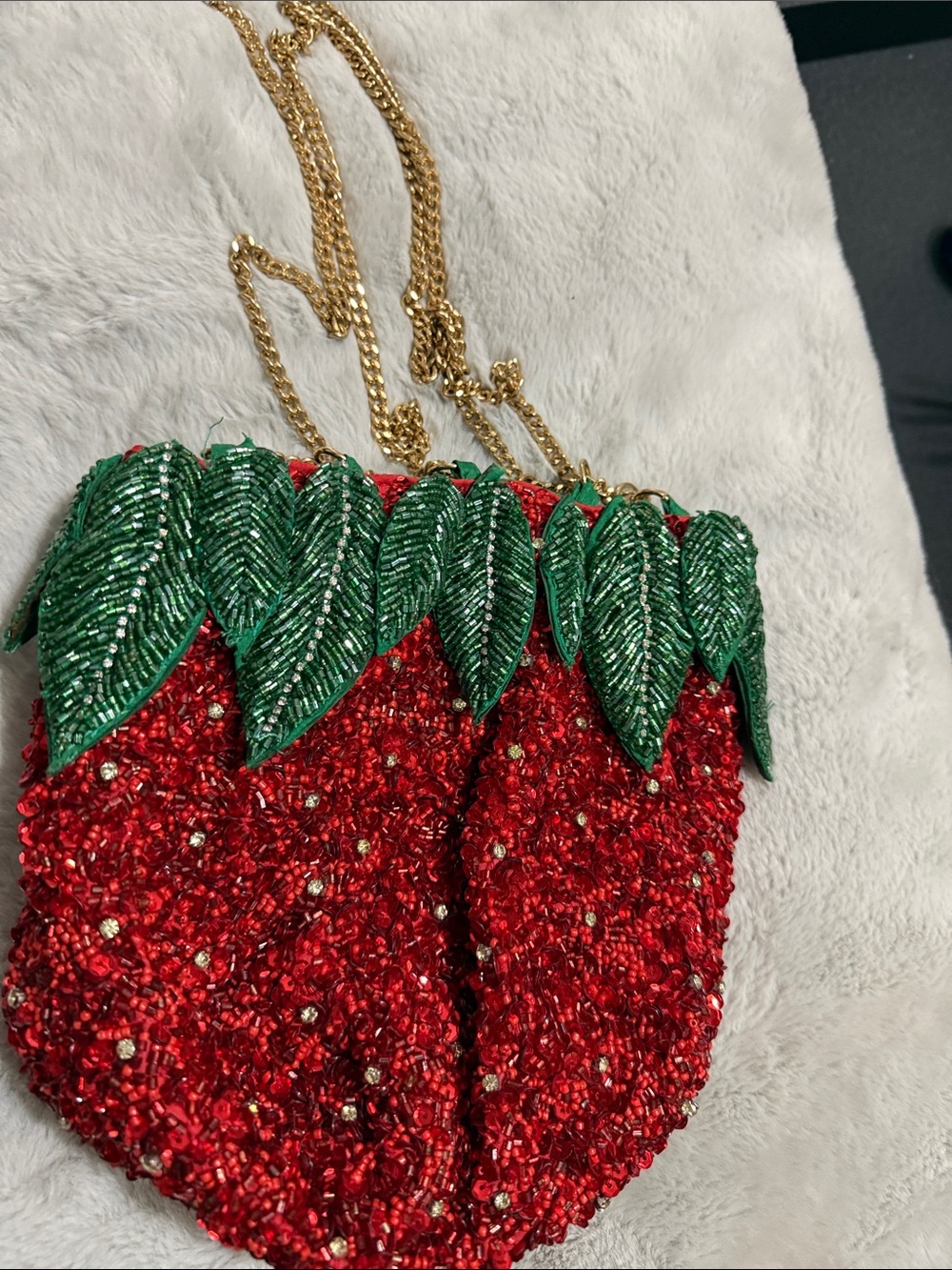 Zara Red Sequin Strawberry Mini Bag with Green Leaf Detail